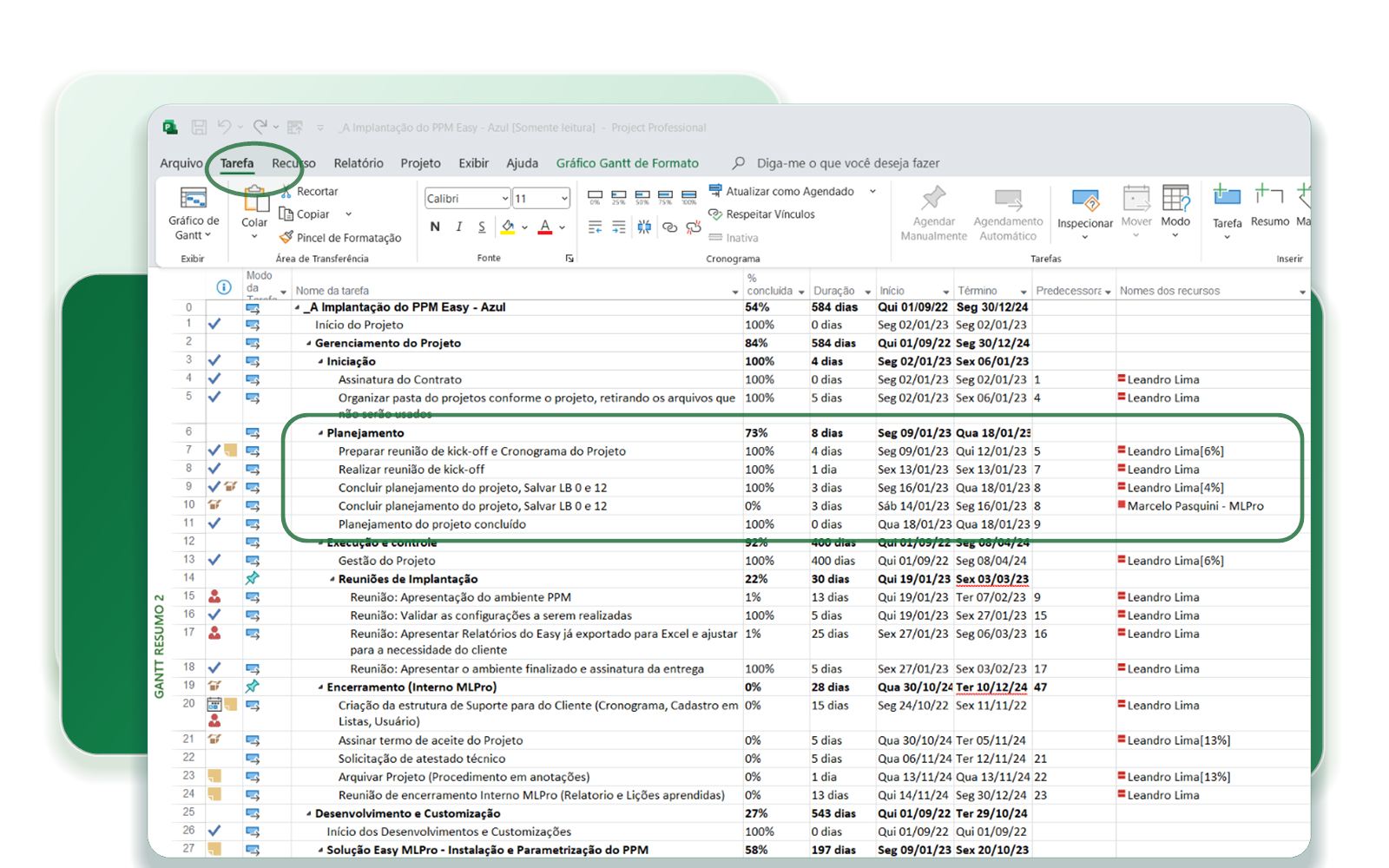 Microsoft Project task table with planning tasks highlighted.
