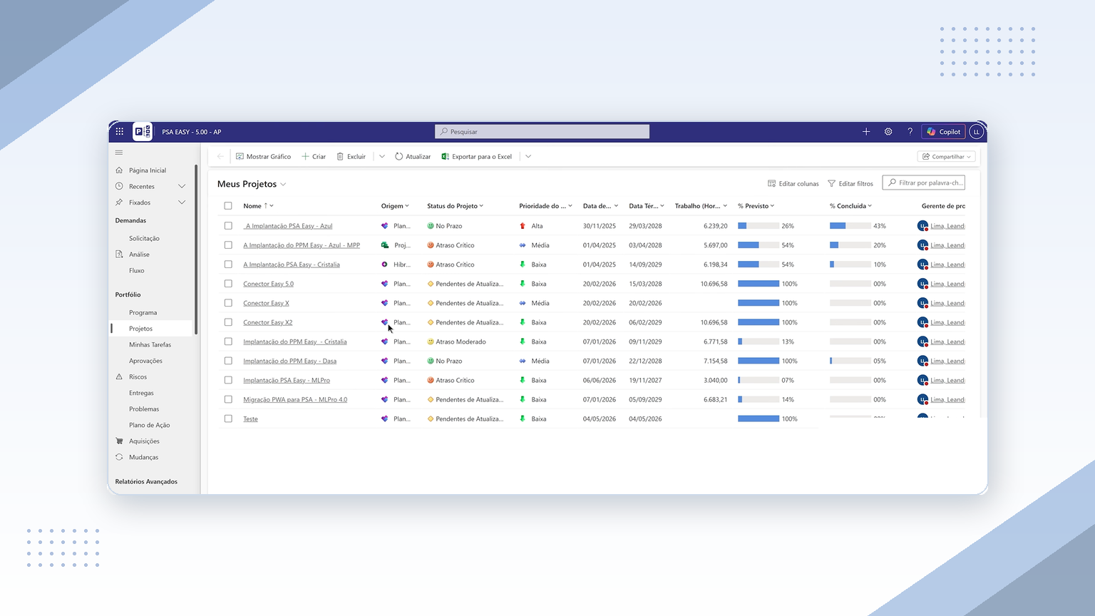 PSA Easy 5.0 project center with Planner and Microsoft Project projects