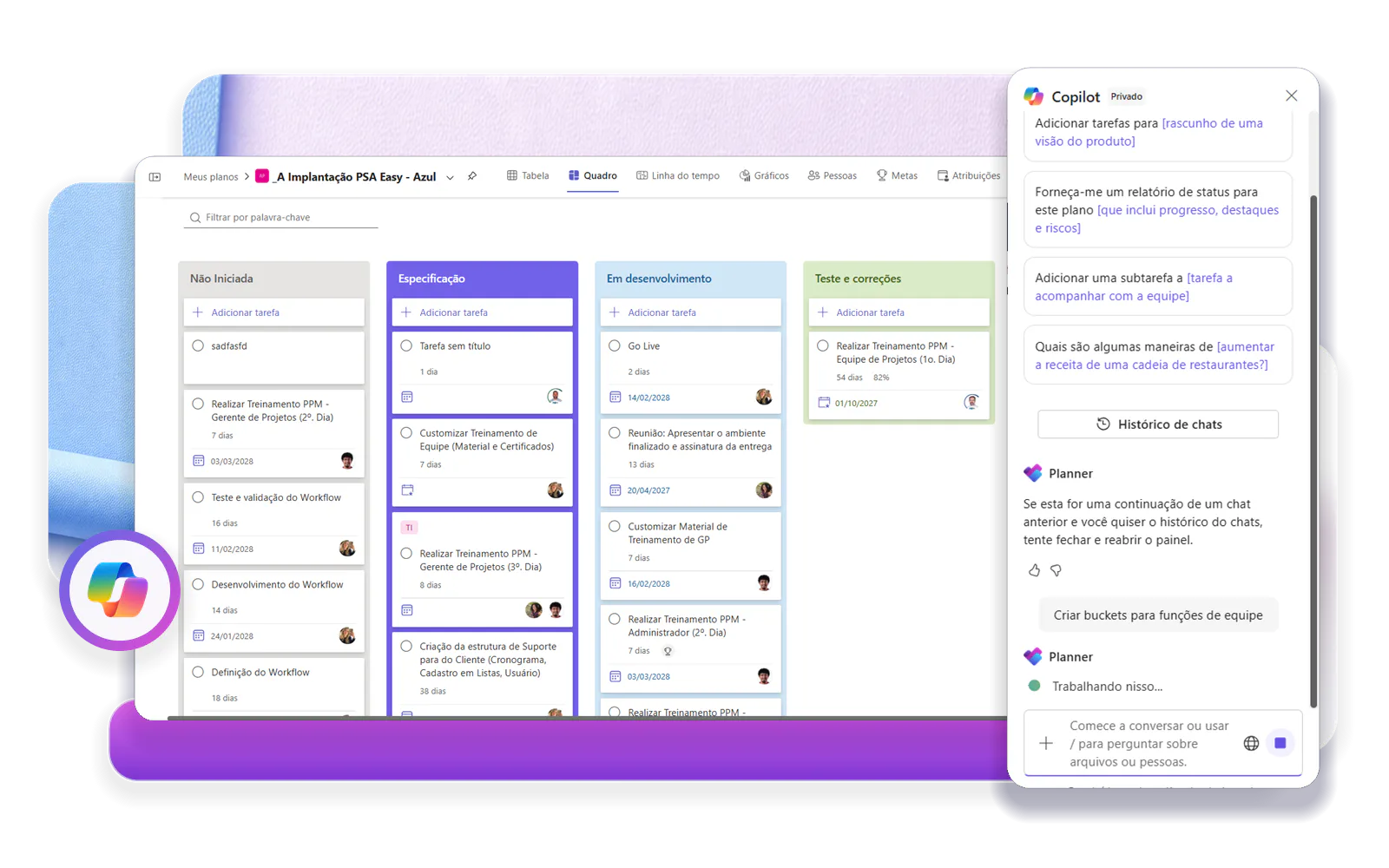 Microsoft Planner board with the Copilot panel.