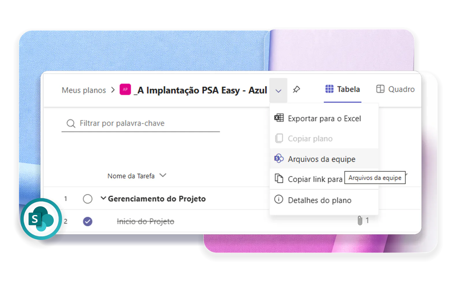 Microsoft Planner team files menu connected to SharePoint.