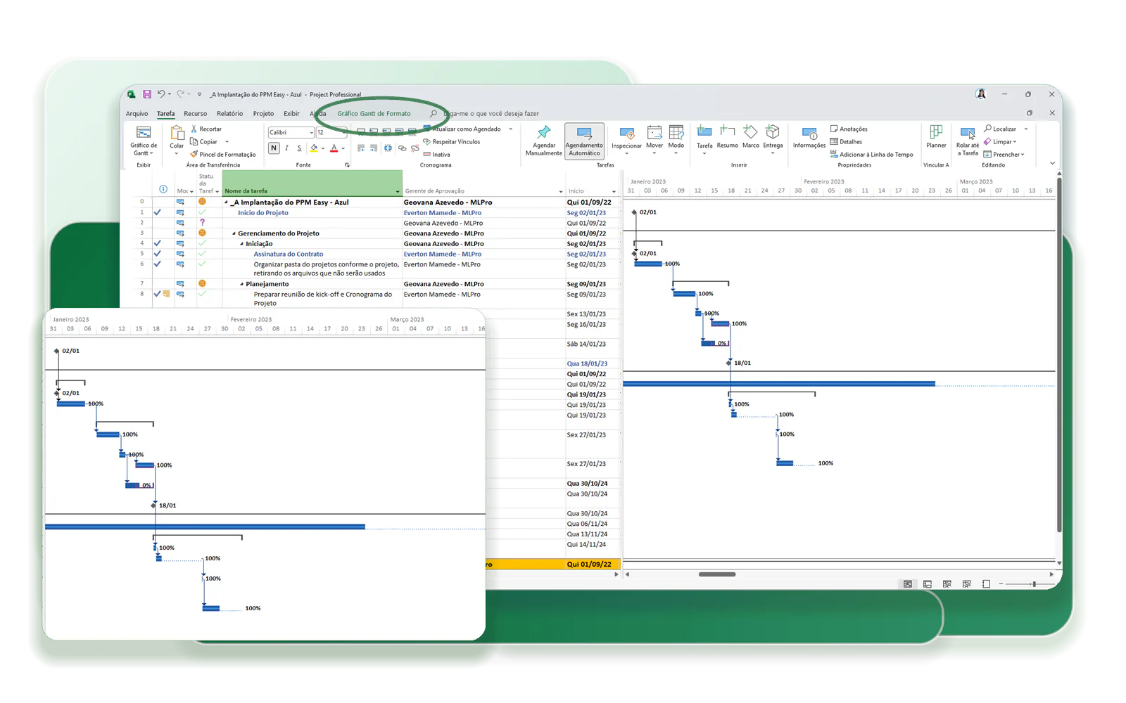 Microsoft Project task list and Gantt chart.
