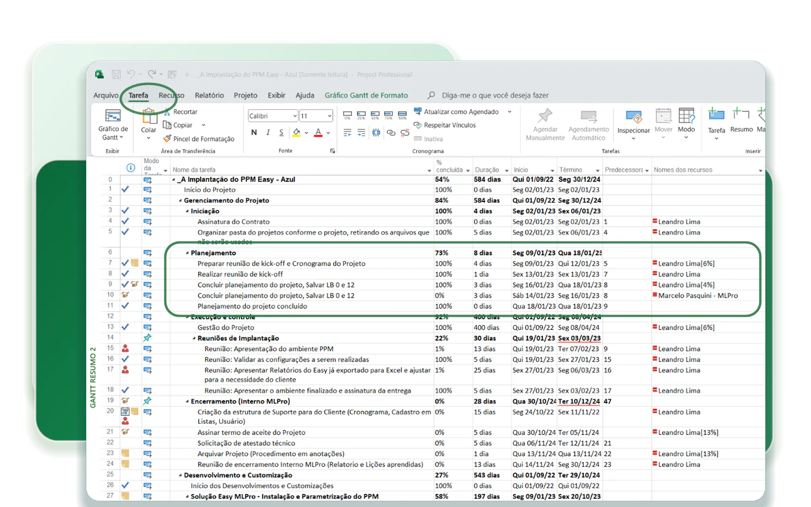 Microsoft Project task table with planning tasks highlighted.