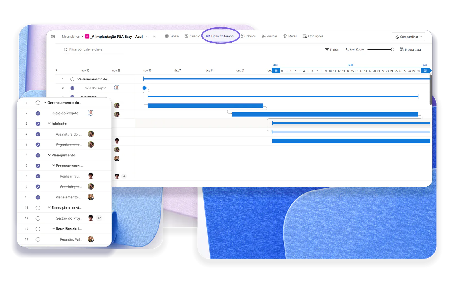 Microsoft Planner timeline with tasks and dependencies.