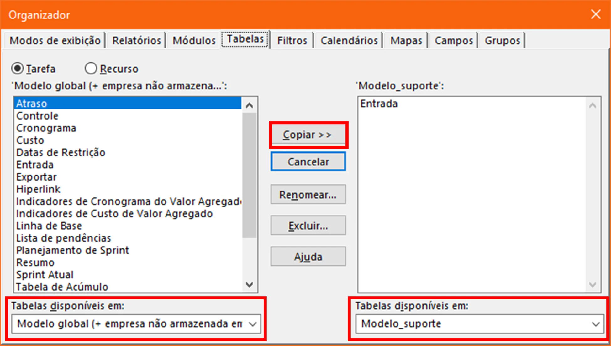 Dialog box Project Professional