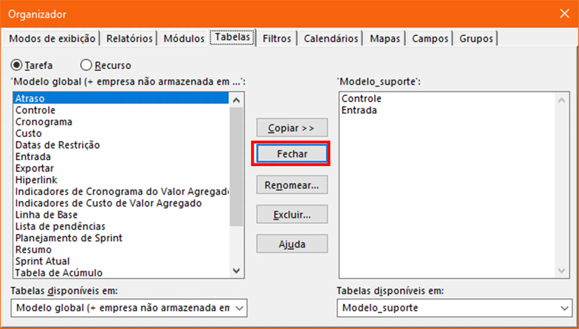 transfer of models in MS Project
