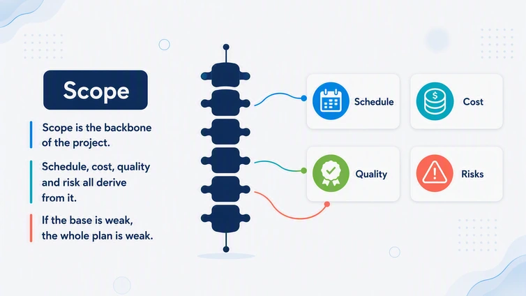 Figure 2: Scope as the project's backbone: the foundation for schedule, cost, quality and risk.