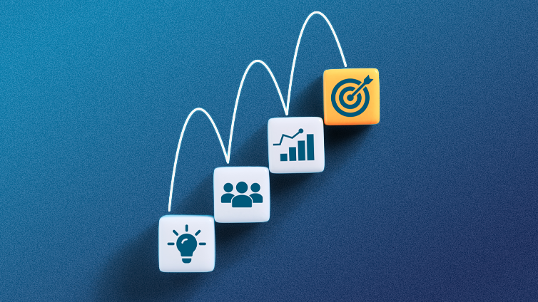 Staircase with icons representing idea growth, teamwork, goals and success.