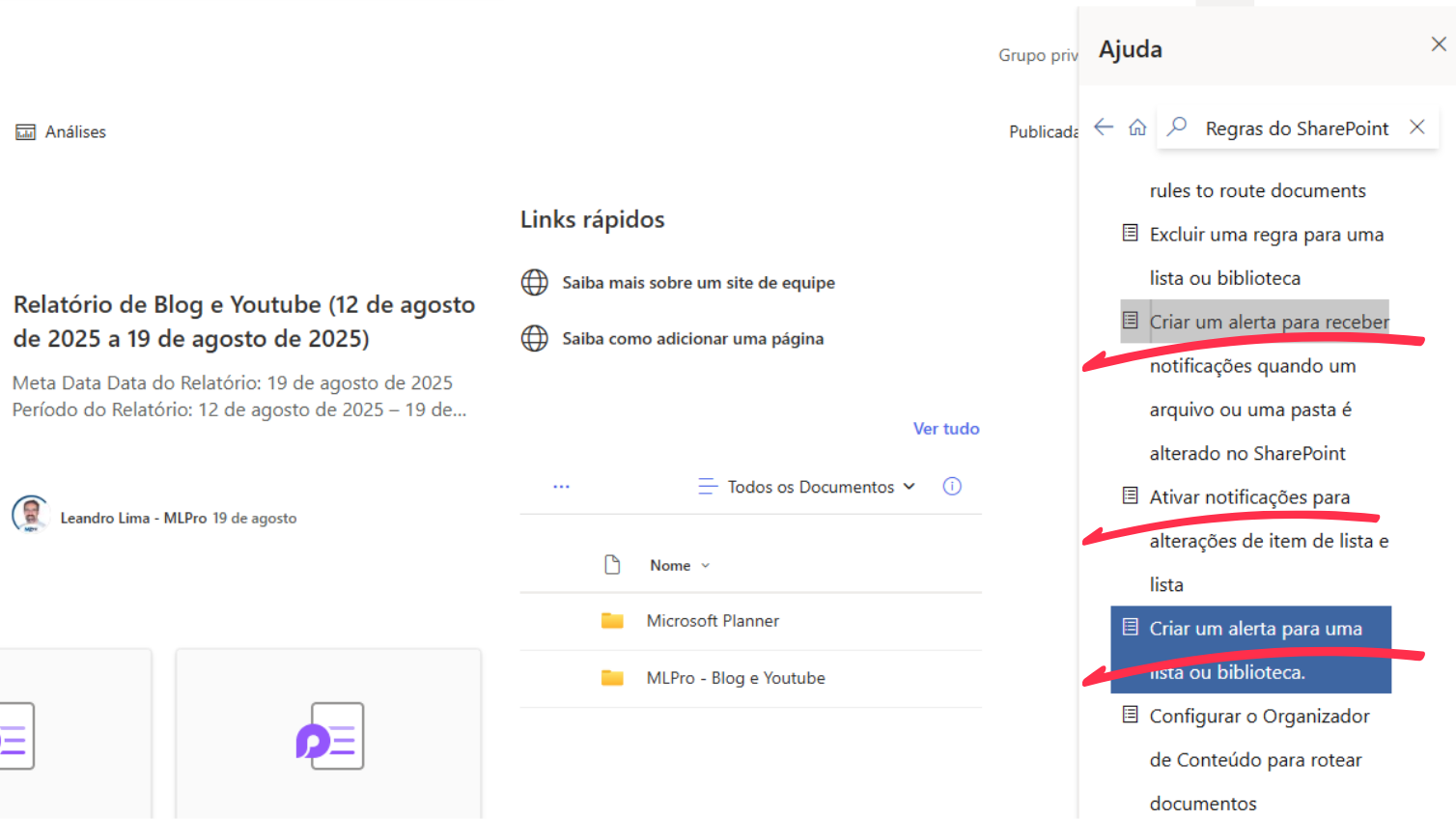 Search the help bar for SharePoint Rules and access alerts