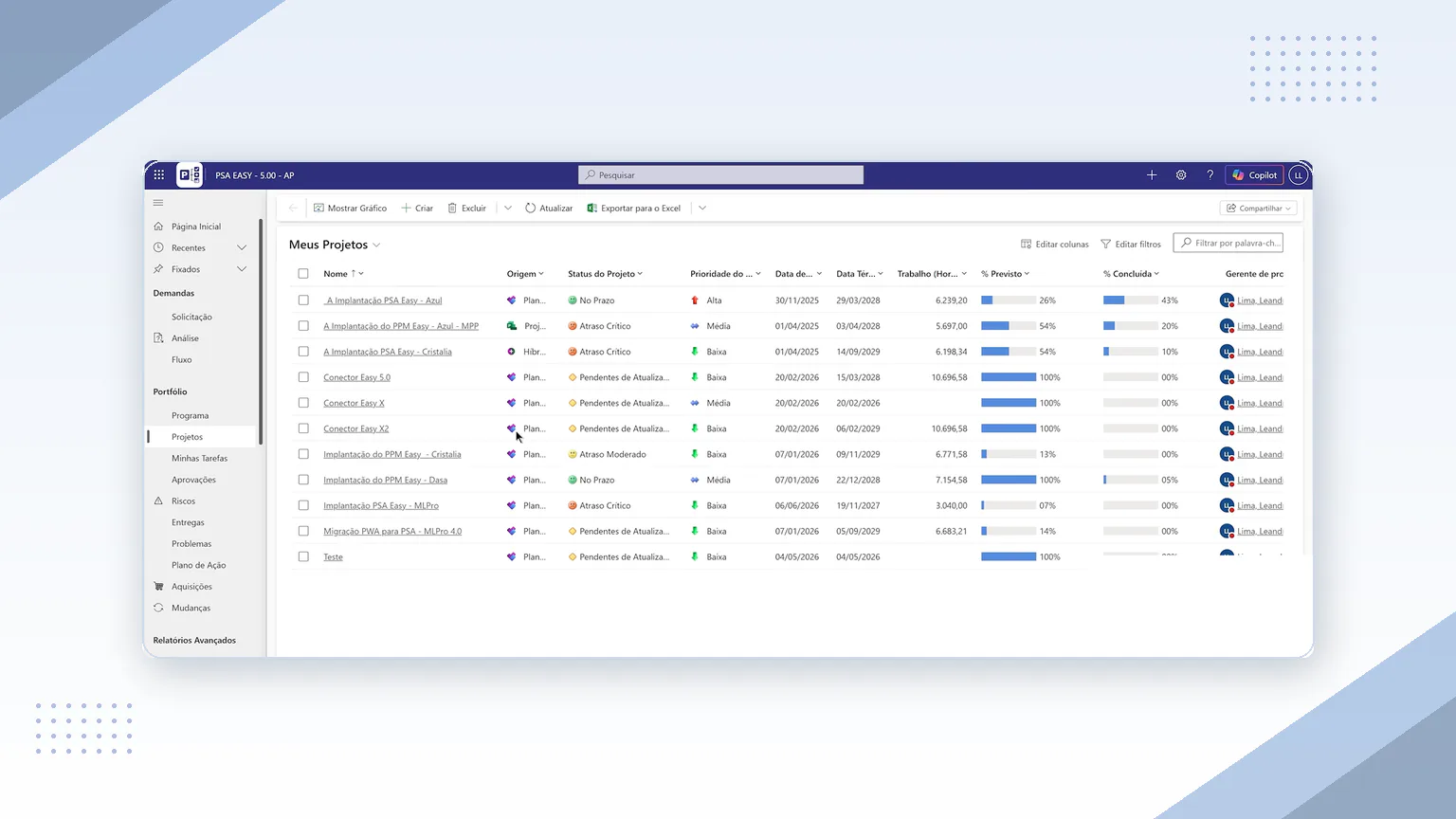 PSA Easy 5.0 project center with Planner and Microsoft Project projects