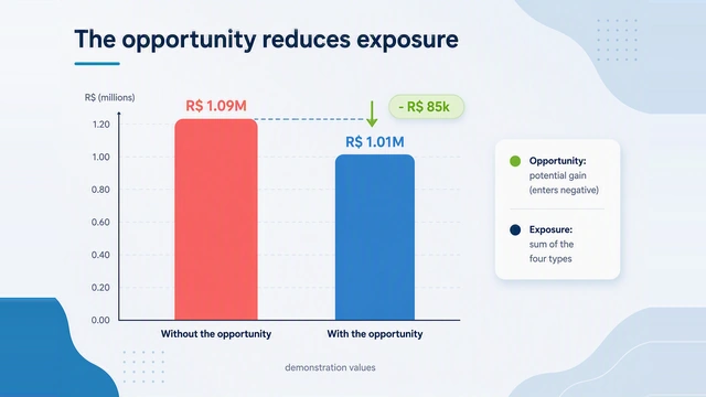Bar chart comparing exposure without and with the opportunity, with a R$ 85k reduction.