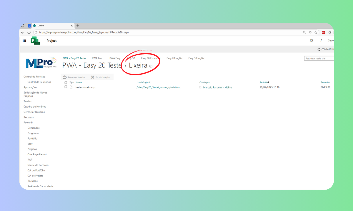 Library restoration in Project Online