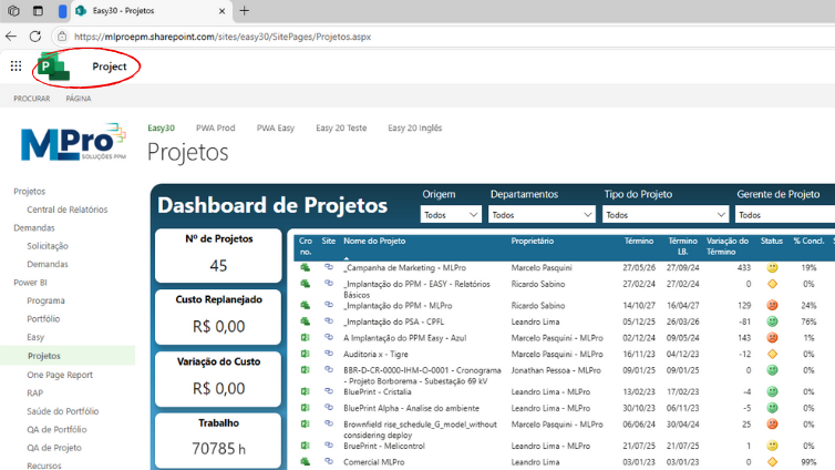 Dashboard on Project Online