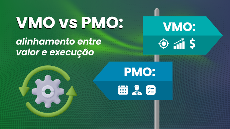 VMO vs PMO: differences and focus on strategic value Visual comparison between VMO and PMO highlighting the alignment between value and execution in project management, with icons representing financial and operational indicators.
